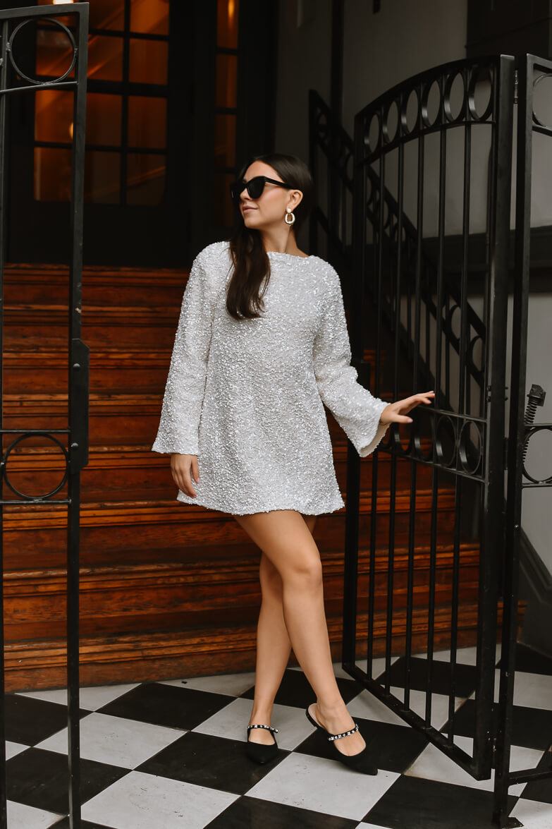 Irina White Sequin Mini Dress with Black Bow