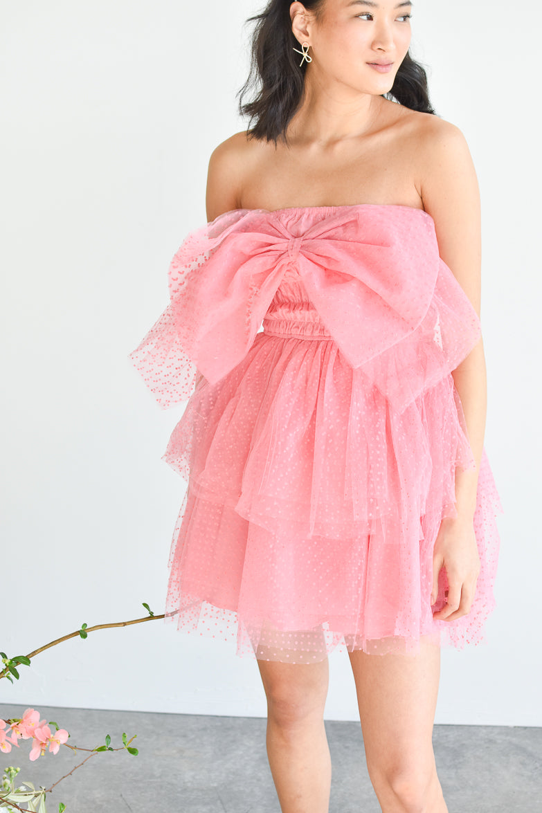 Lowery Swiss Dot Bow Mini Dress - Pink - FINAL SALE