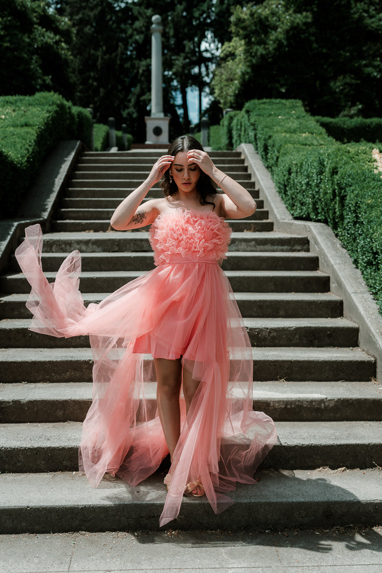 Madeleine Coral Strapless Tulle High Low Maxi Dress