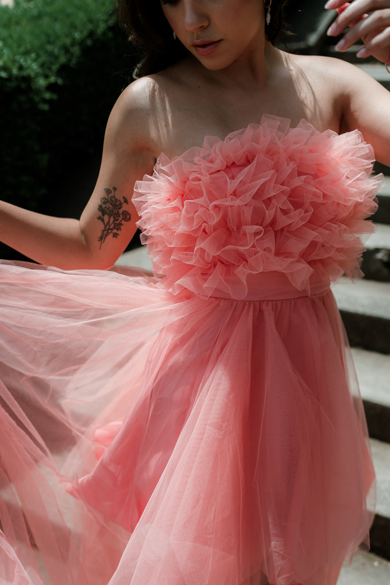 Madeleine Coral Strapless Tulle High Low Maxi Dress