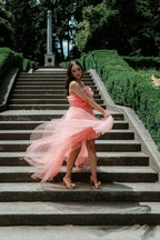 Madeleine Coral Strapless Tulle High Low Maxi Dress