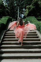 Madeleine Coral Strapless Tulle High Low Maxi Dress