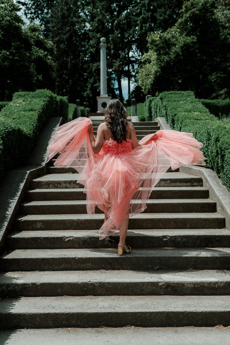 Madeleine Coral Strapless Tulle High Low Maxi Dress