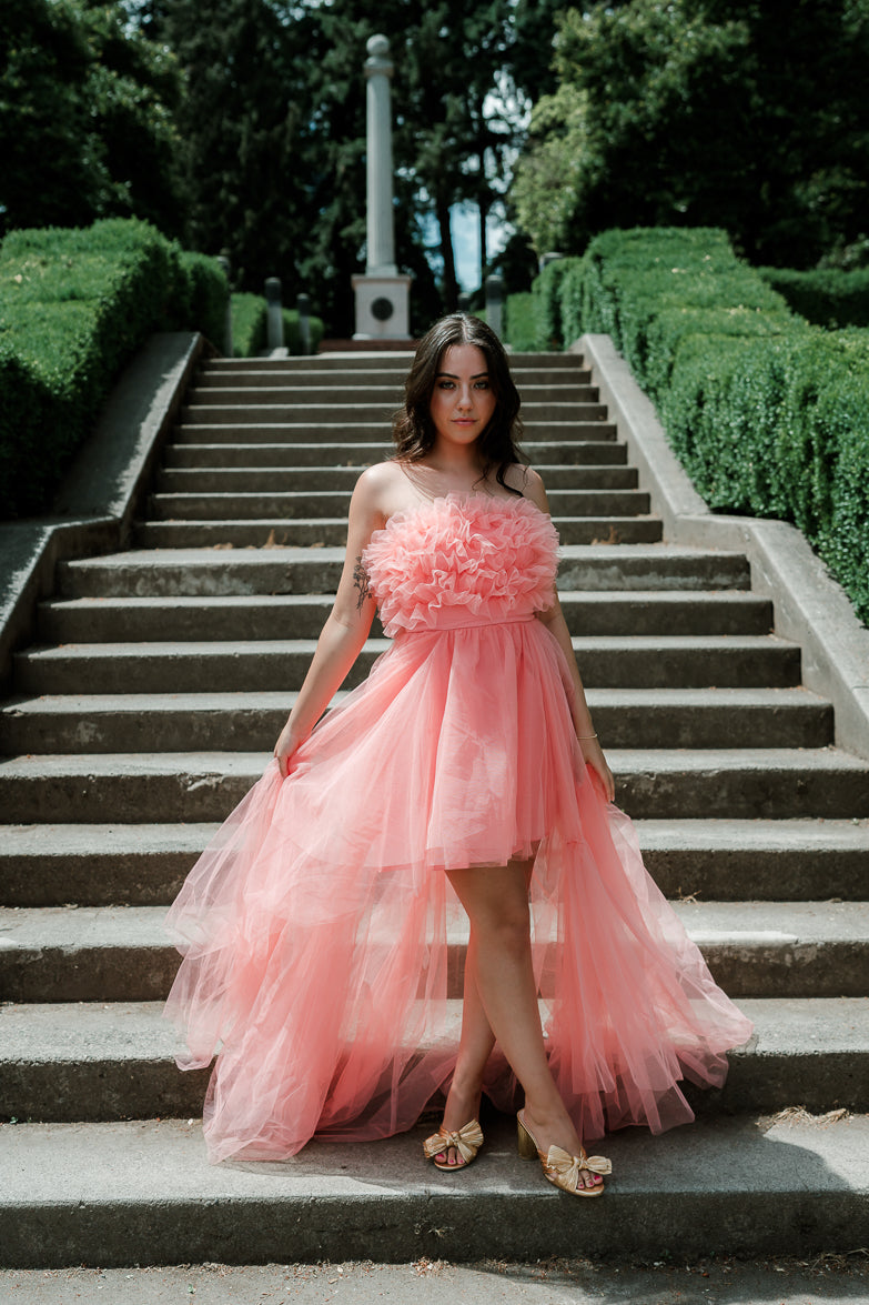 Madeleine Coral Strapless Tulle High Low Maxi Dress