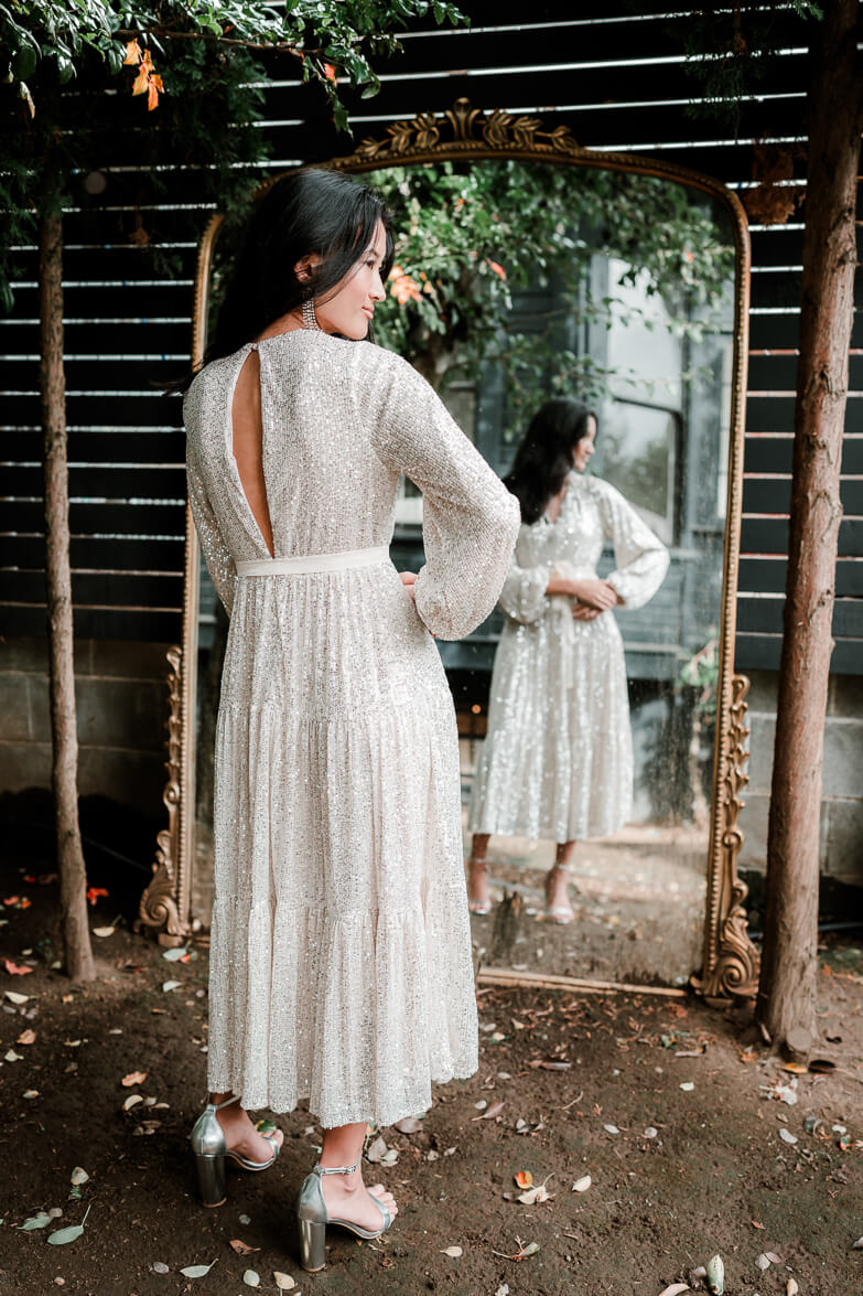 Midnights Sequin Midi Dress - Champagne Silver