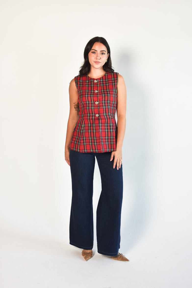 Nell Red Plaid Long Cutaway Vest