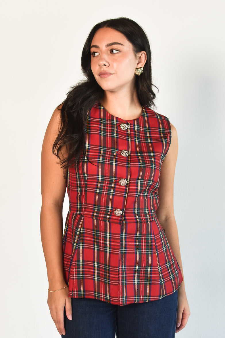 Nell Red Plaid Long Cutaway Vest