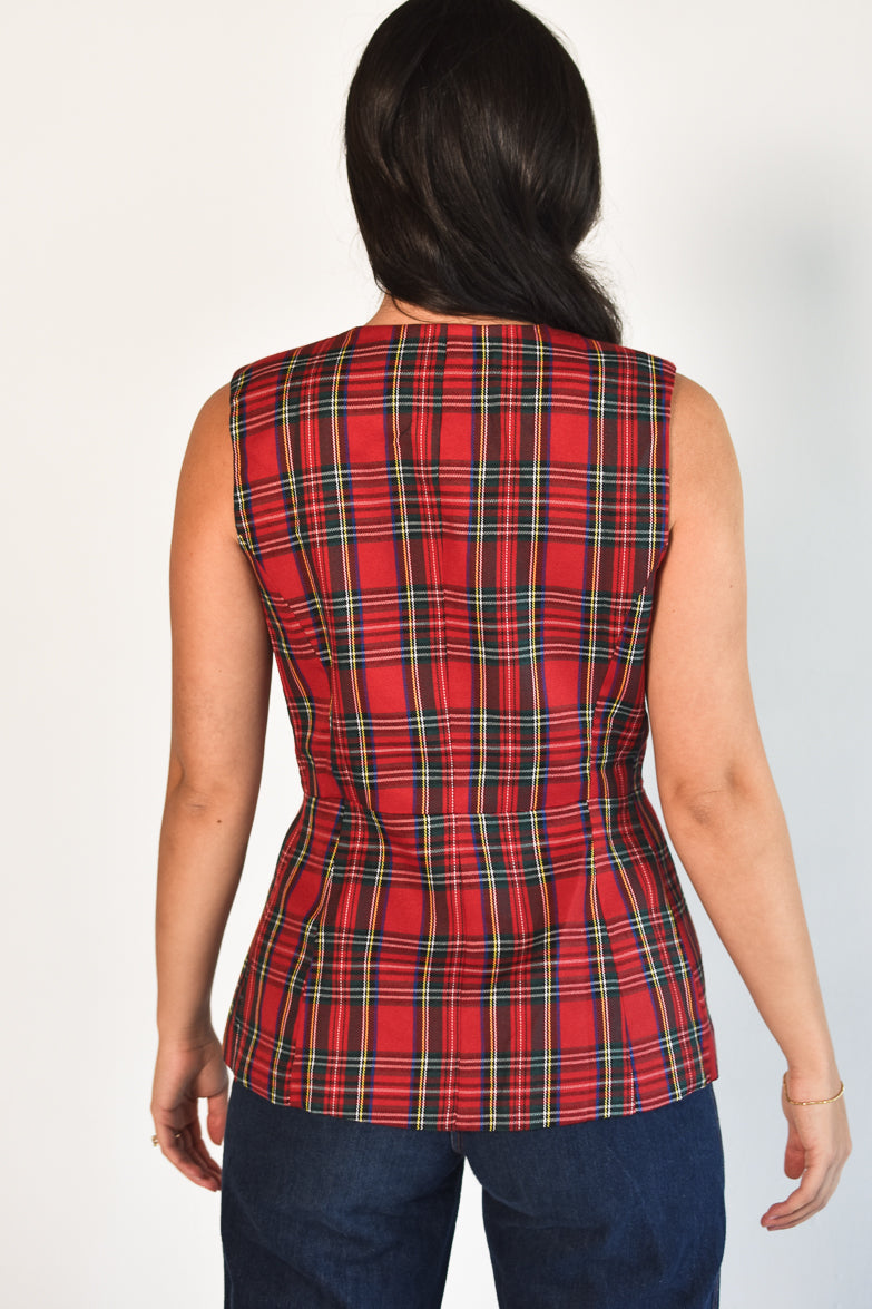 Nell Red Plaid Long Cutaway Vest