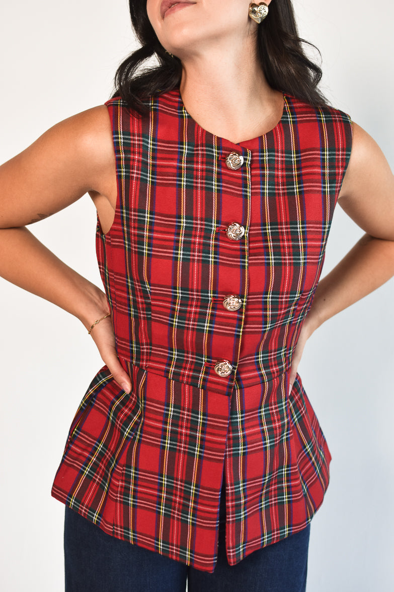 Nell Red Plaid Long Cutaway Vest