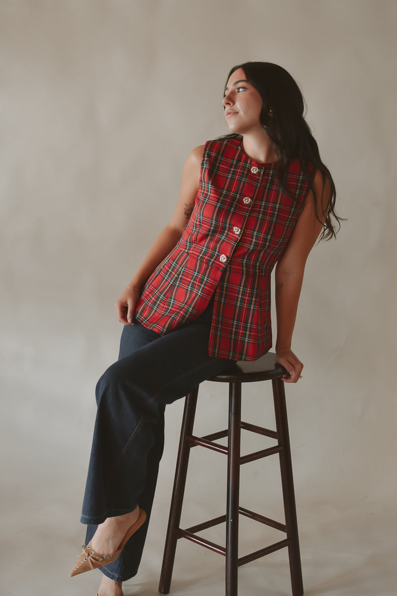 Nell Red Plaid Long Cutaway Vest