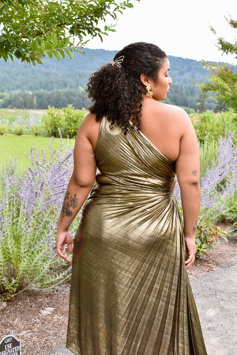 Olympia Gold Metallic Pleated One Shoulder Gown - Plus