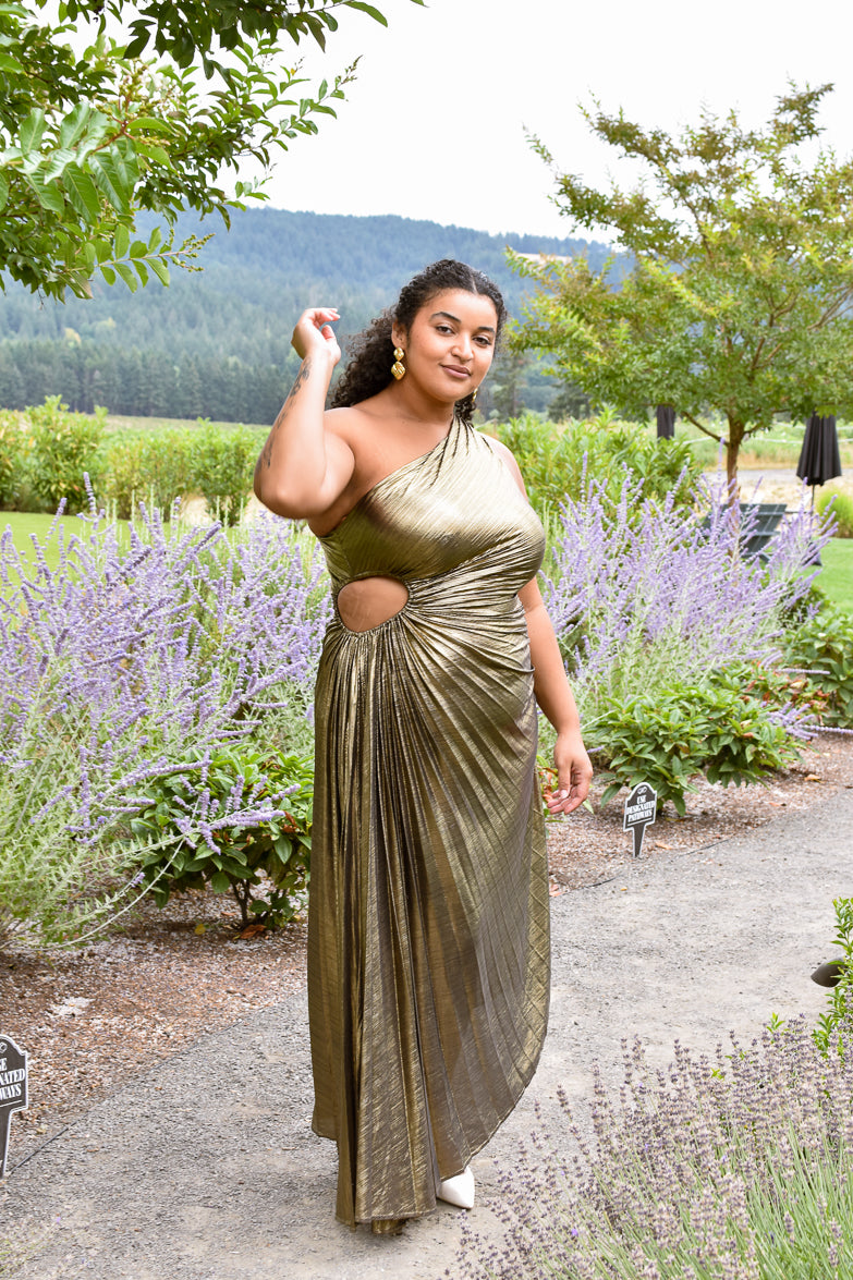 Olympia Gold Metallic Pleated One Shoulder Gown - Plus