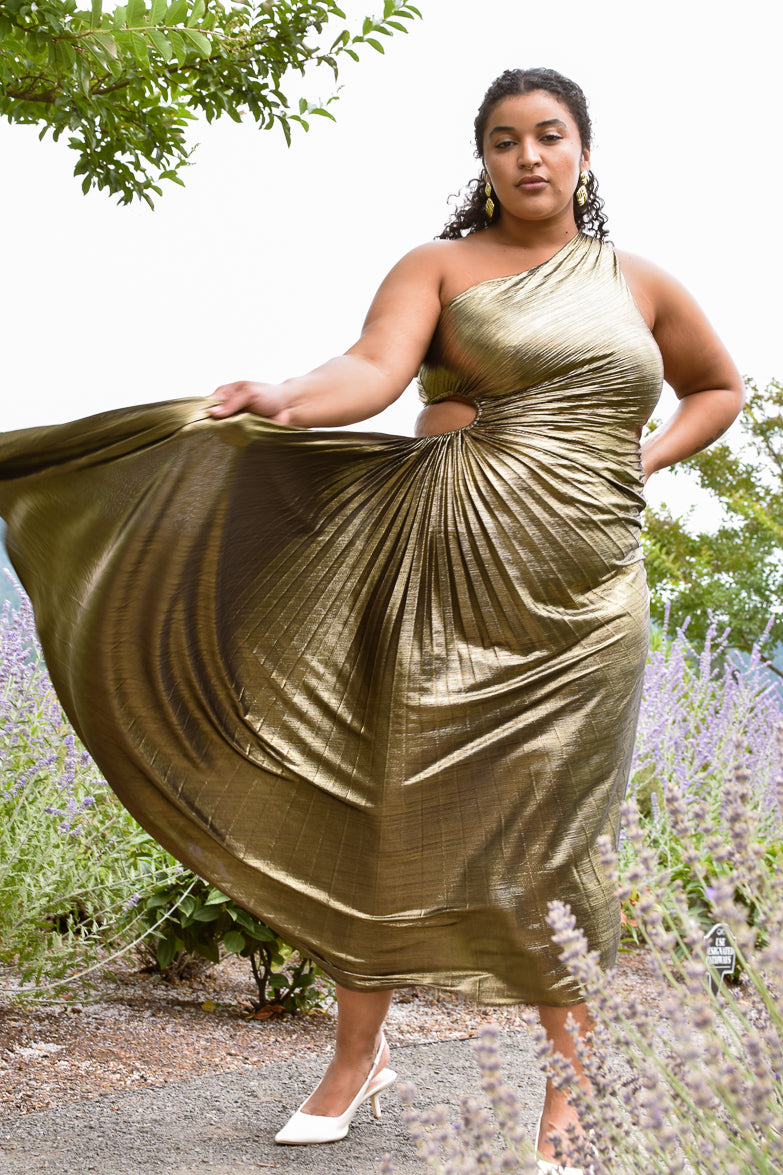 Olympia Gold Metallic Pleated One Shoulder Gown - Plus