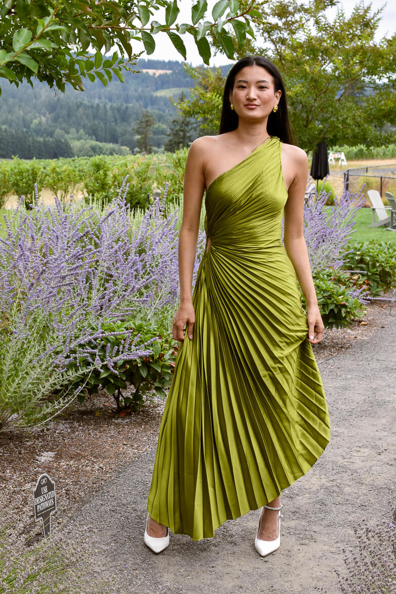 Olympia Olive Green Pleated Formal Maxi Gown
