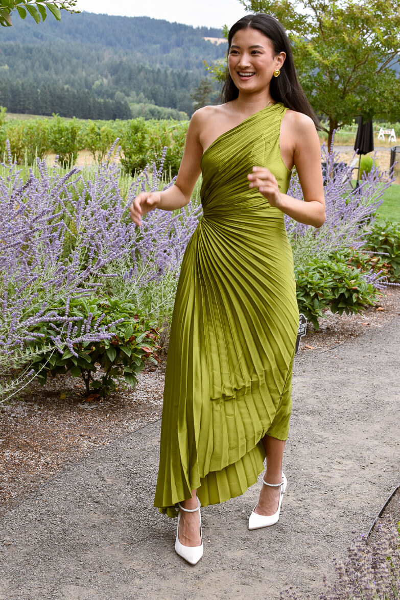 Olympia Olive Green Pleated Formal Maxi Gown
