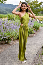 Olympia Olive Green Pleated Formal Maxi Gown