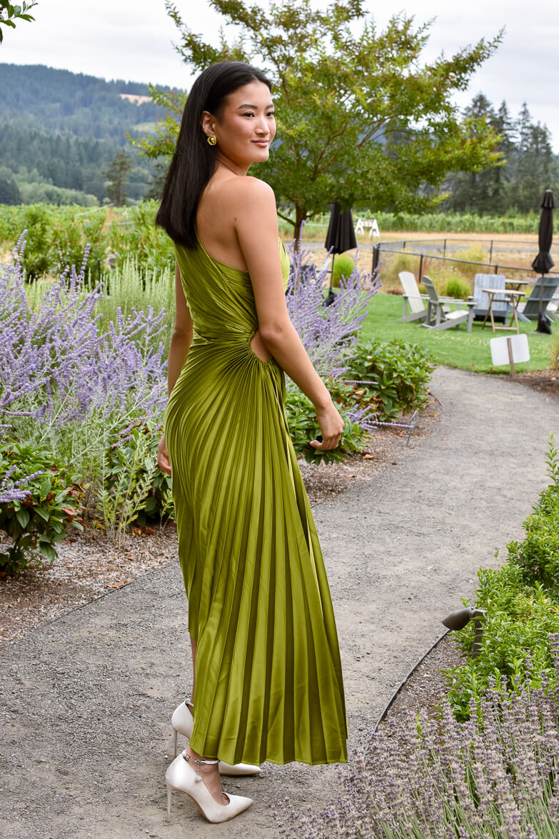 Olympia Olive Green Pleated Formal Maxi Gown