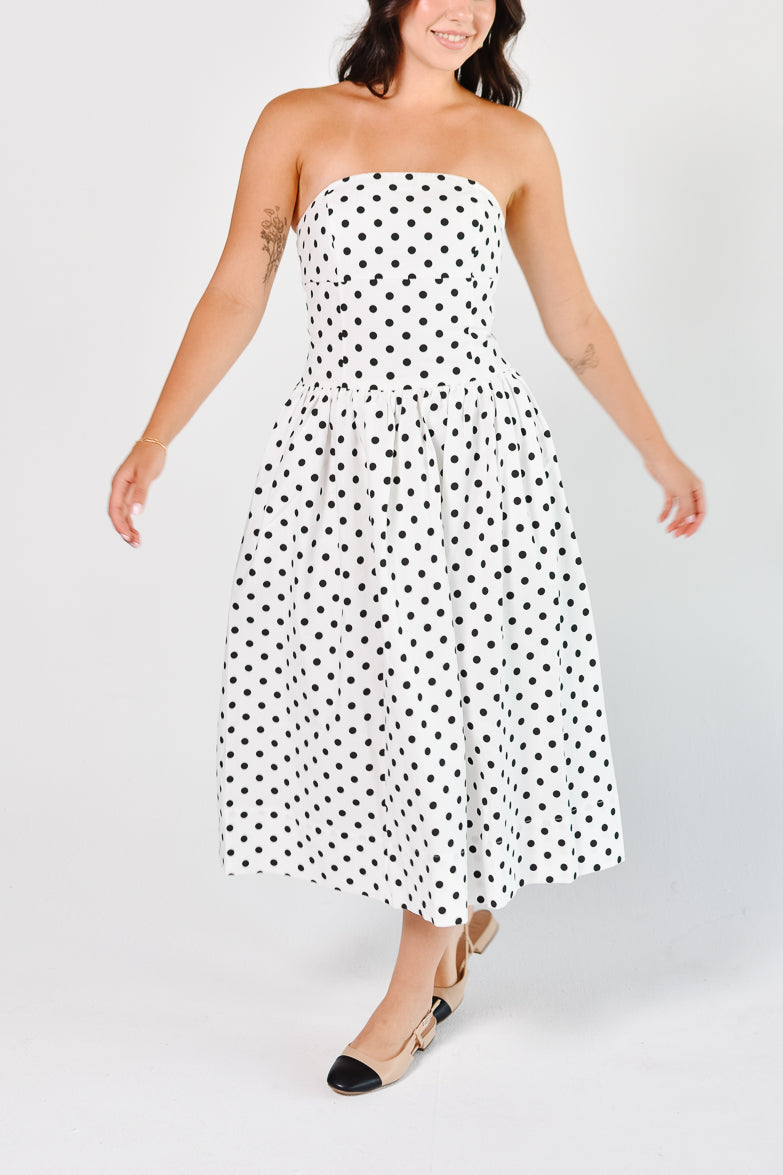 Roman Holiday Strapless White Polka Dot Midi Dress