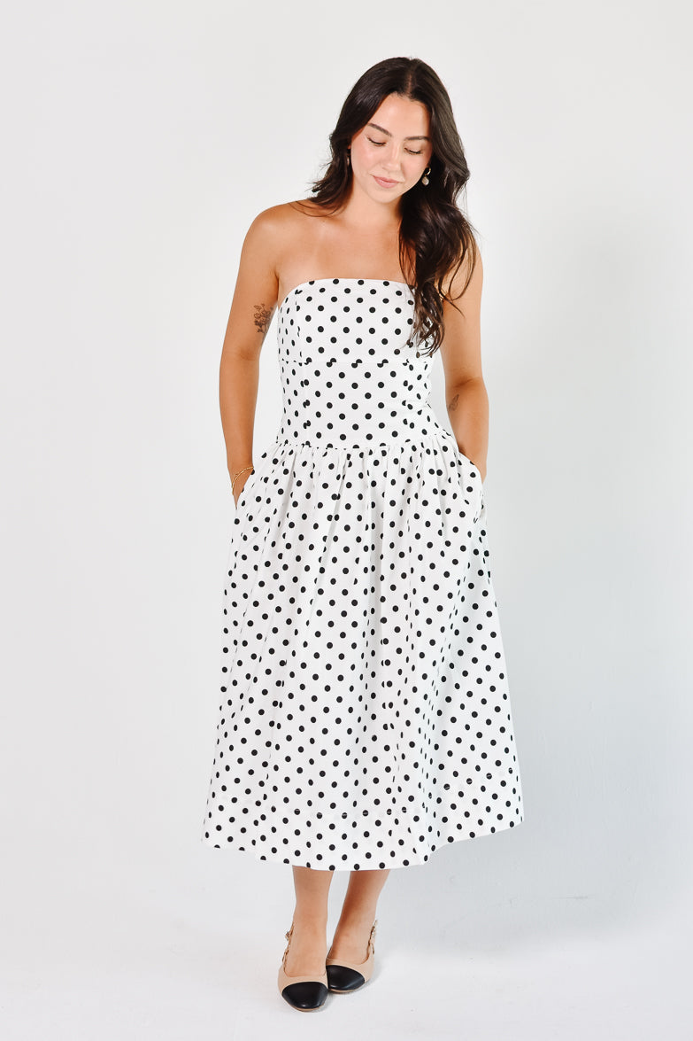 Roman Holiday Strapless White Polka Dot Midi Dress