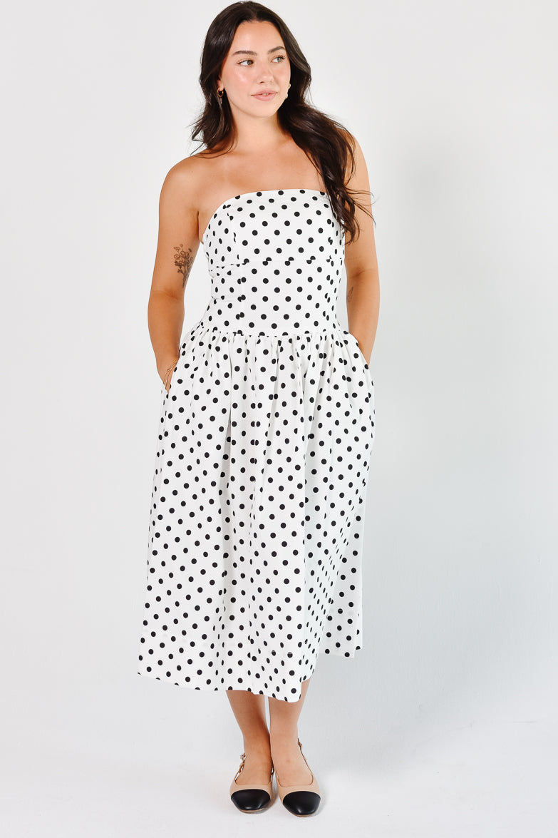 Roman Holiday Strapless White Polka Dot Midi Dress