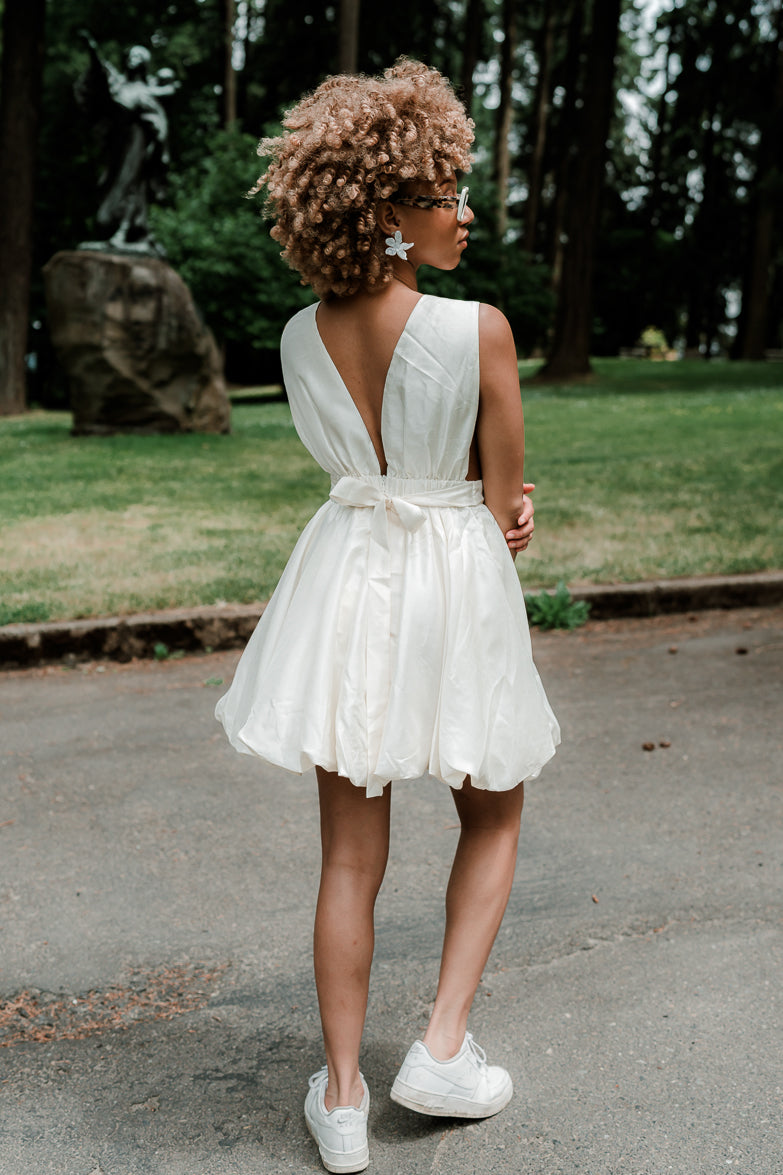 Satin Bow Bubble Hem Mini Dress