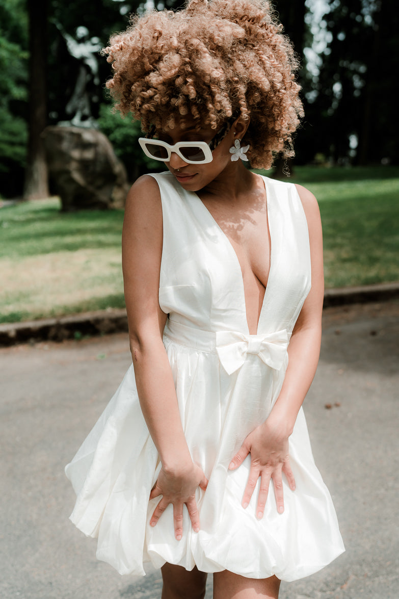 Satin Bow Bubble Hem Mini Dress