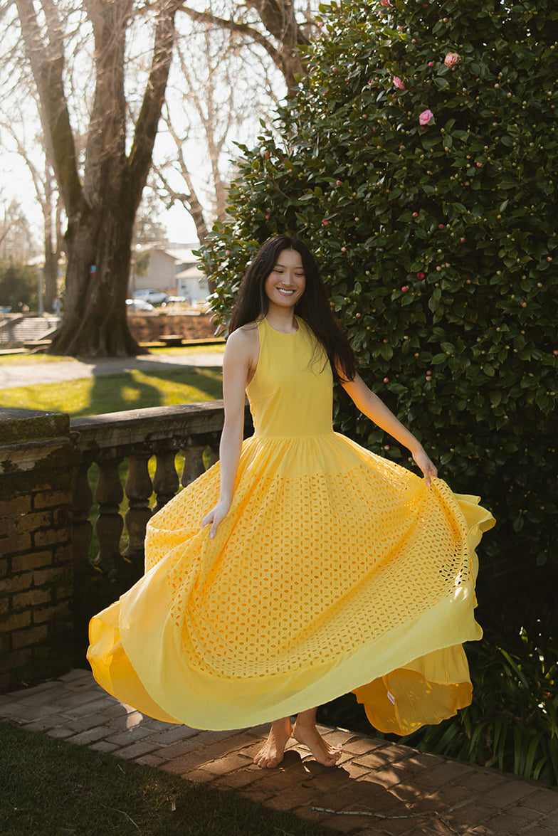 Serena Yellow Eyelet Maxi Dress