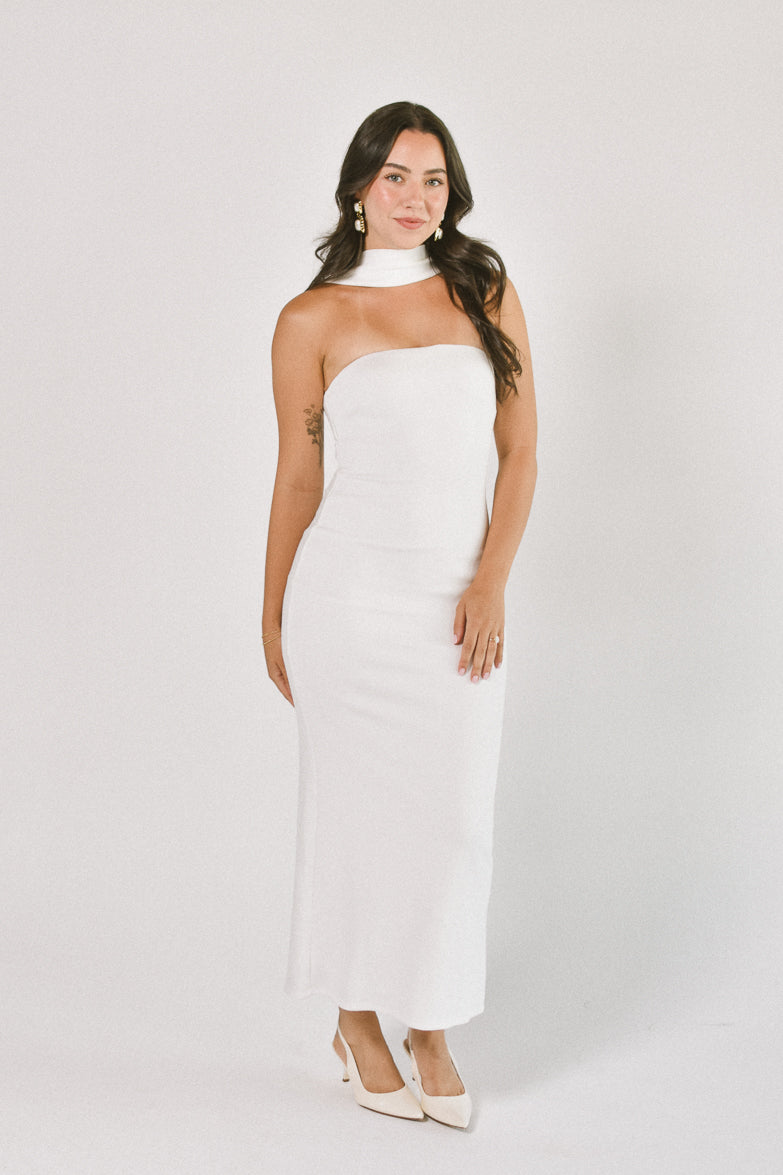 Sweetest Thing White Scarf Detail Midi Dress - FINAL SALE
