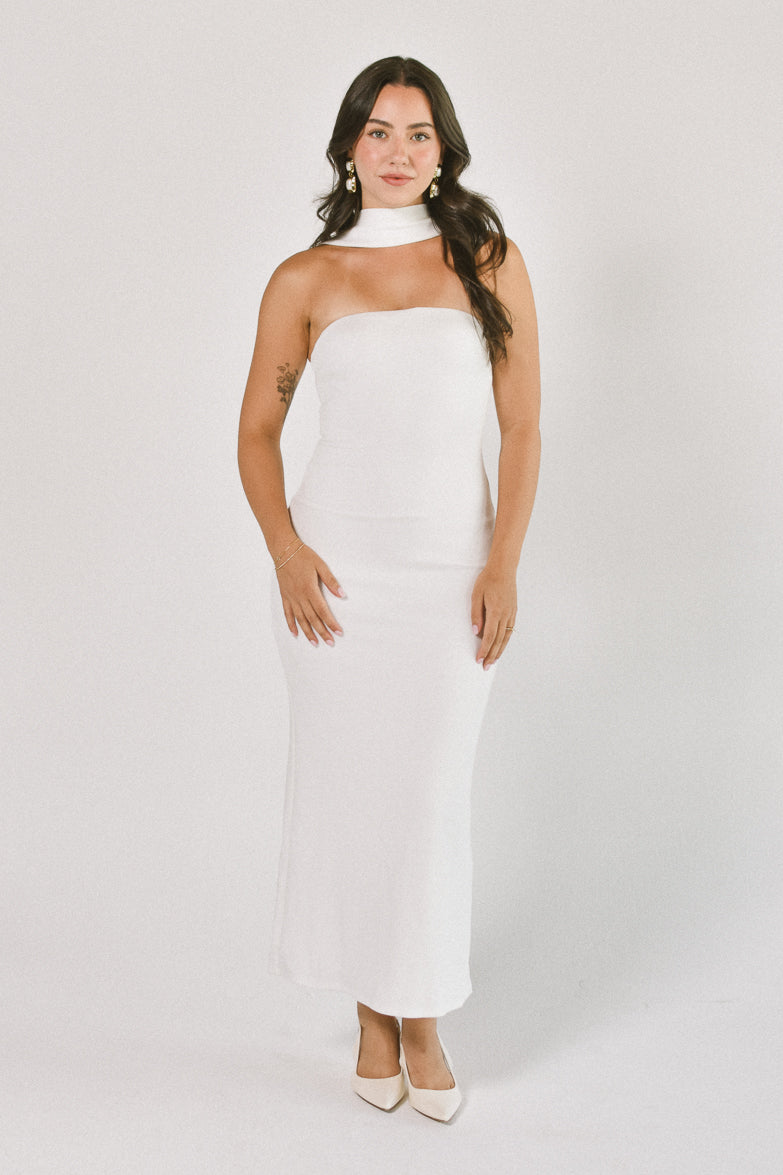 Sweetest Thing White Scarf Detail Midi Dress - FINAL SALE
