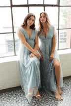 Starry Eyed Glitter Star Mesh Maxi - Dusty Blue