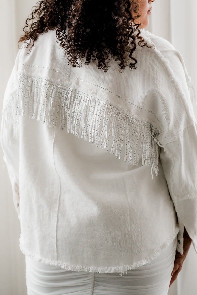 White Plus Size Jean Jacket with Fringe