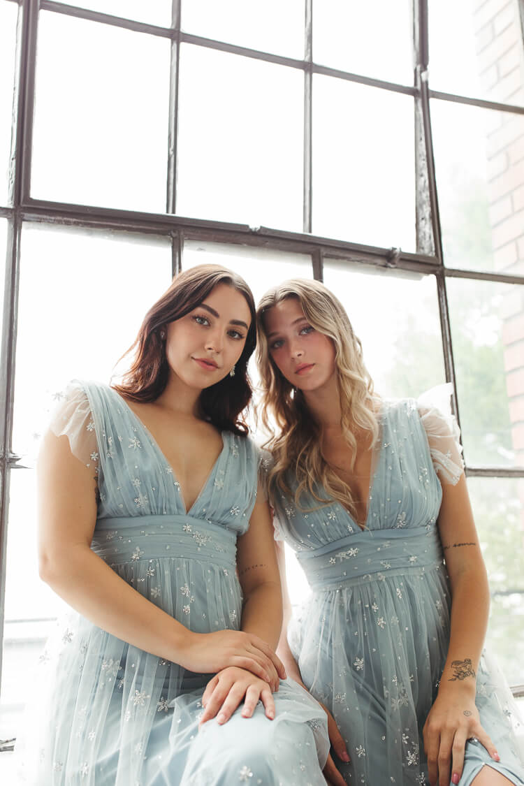 Starry Eyed Glitter Star Mesh Maxi - Dusty Blue