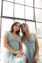 Starry Eyed Glitter Star Mesh Maxi - Dusty Blue